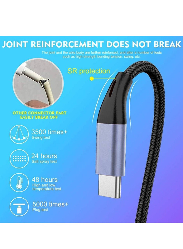 3-in-1 USB Phone Charger Cable, USB Type A to USB Type C/Micro USB/Lightning Connector, Black/Grey