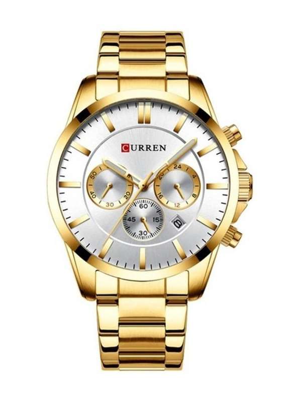 Curren Analog Watch for Men with Stainless Steel Band, Water Resistant and Chronography, Gold-Silver