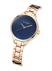 Curren Analog Watch for Women with Stainless Steel Band, Water Resistant, 9015, Gold-Blue