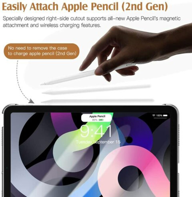 QuickTech Apple iPad Air 10.9-inch 4th Gen 2020 Tri-Fold Smart Shell Stand Protective Slim Flexible Soft TPU Tablet Flip Case Cover with Pencil Holder, Black