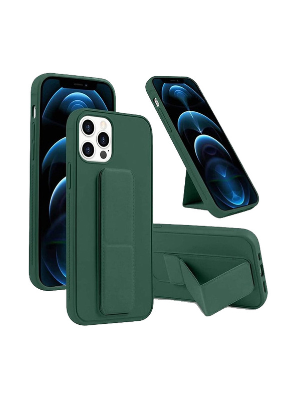 Apple iPhone 14 Pro Silicone Back Mobile Phone Case Cover with Foldable Magnetic Finger Strap and Hand Grip, Green