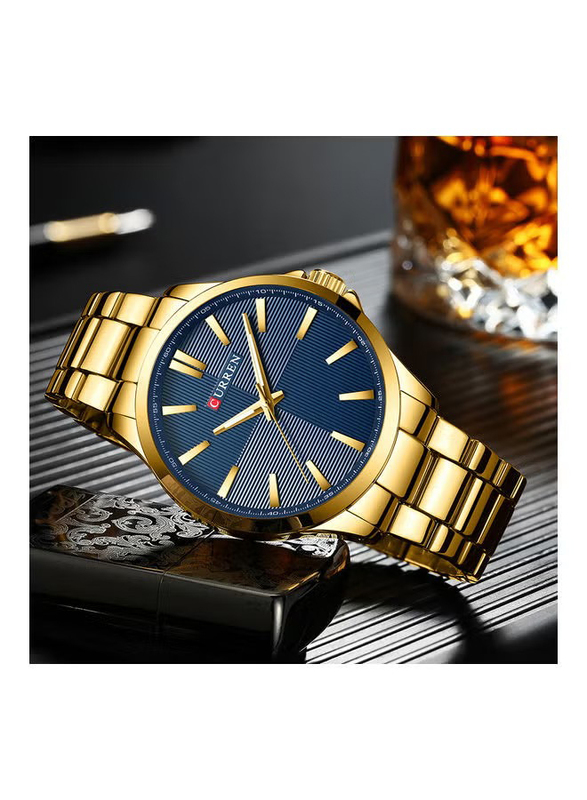 Curren Stylish Analog + Digital Wrist Watch for Men with Alloy Band, Water Resistant, J3953G-BL-KM, Gold-Blue