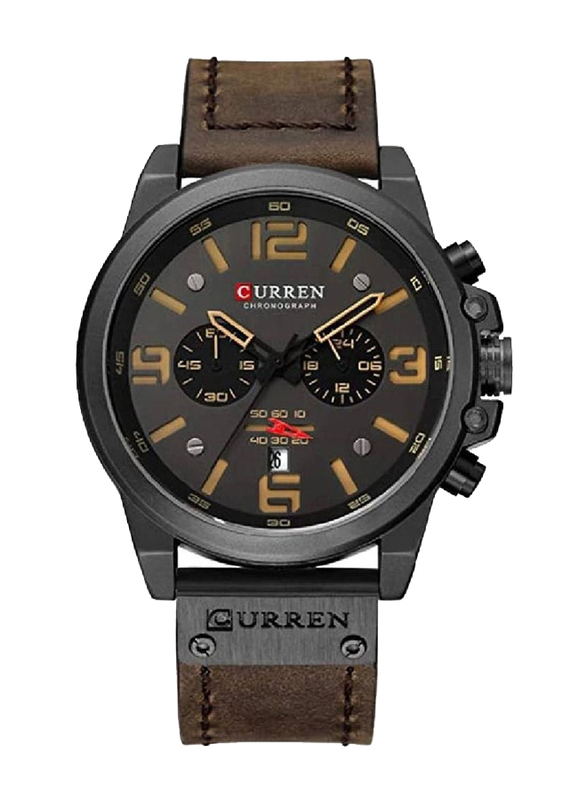 Curren Analog Watch for Men with Leather Band, Water Resistant and Chronography, 8314, Coffee-Coffee