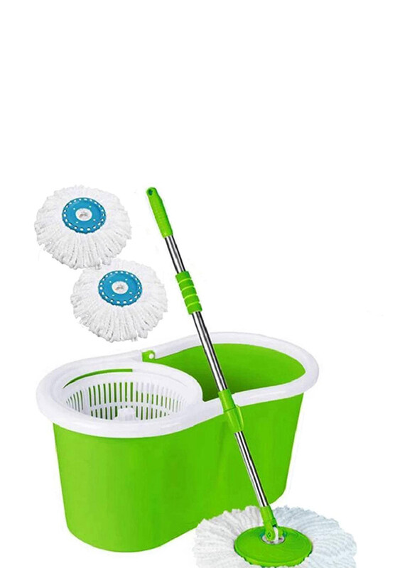 Spin Mop Bucket System 360 Spin Mop & Bucket Floor Cleaning Stainless Steel Mop Bucket with 2 Microfiber Replacement Head Refills, Green/White