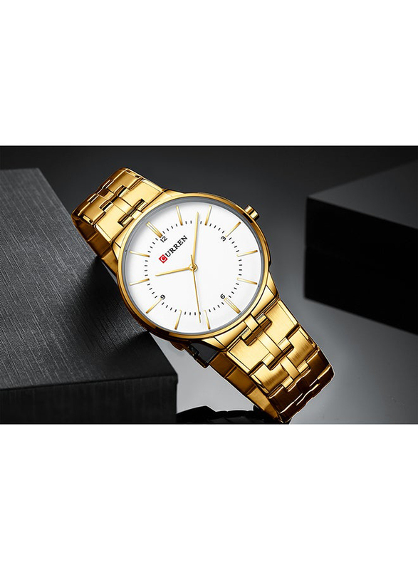 Curren Analog Watch for Men with Stainless Steel Band, Water Resistant, 8321, Gold-White