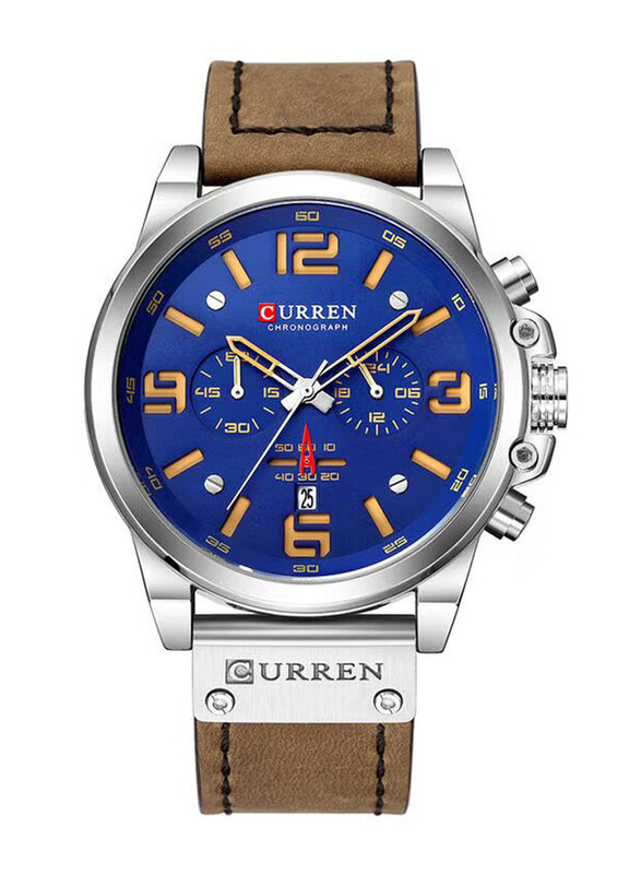 

Curren Analog Leather Watch for Men with Alloy Band, Chronograph, Brown-Blue