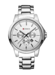 Curren Analog Watch for Men with Stainless Steel Band, Water Resistant and Chronograph, 8129, Silver-White