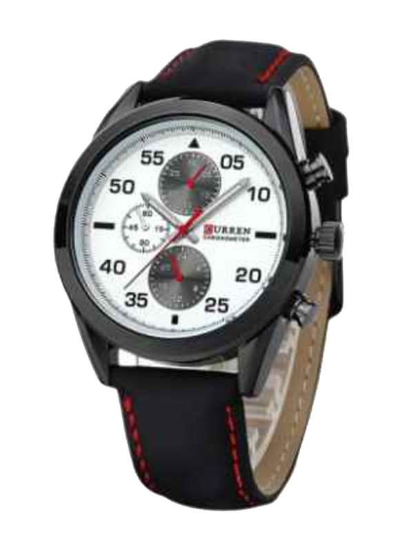 Curren Analog Watch for Men with Leather Band, Chronograph, 8156, Black-White