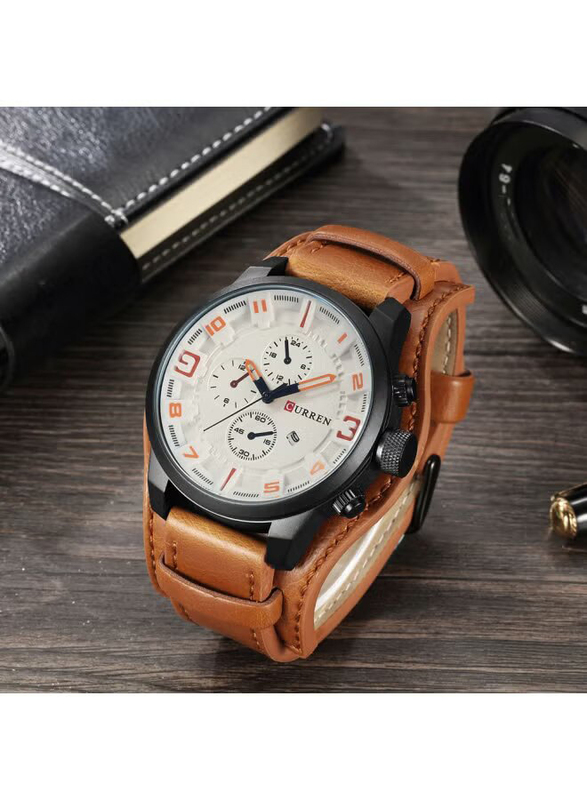 Curren Analog + Digital Watch for Men with Leather Band, Chronograph, Brown-White