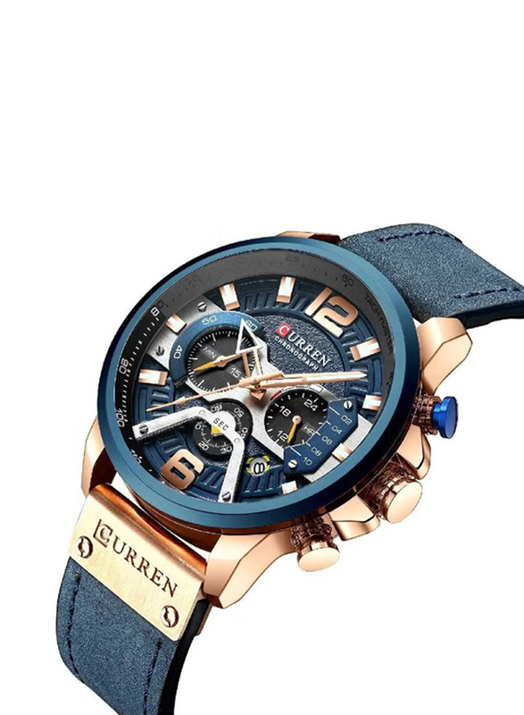 Curren Analog Watch for Men with Leather Band, Water Resistant and Chronograph, Blue-Blue