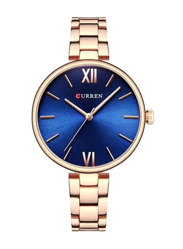 Curren Analog Watch for Women with Stainless Steel Band, Water Resistant, 9017, Gold-Blue