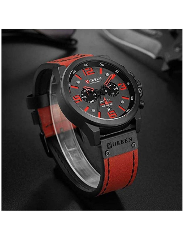 Curren Analog Watch for Men with Leather Band, Water Resistant and Chronograph, 8314, Red-Black