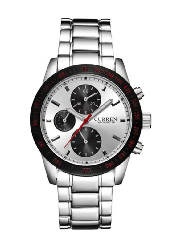 Curren Analog Watch for Men with Stainless Steel Band, Water Resistant and Chronograph, 8016, Silver-Black