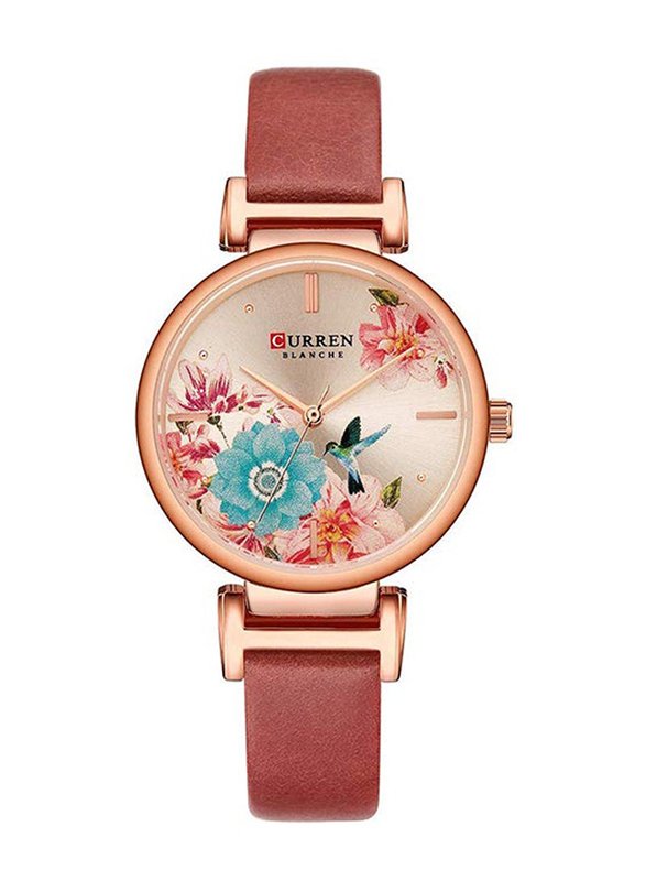 Curren Analog Watch for Women with Leather Band, Water Resistant, 9053A, Red-Gold/Blue/Pink