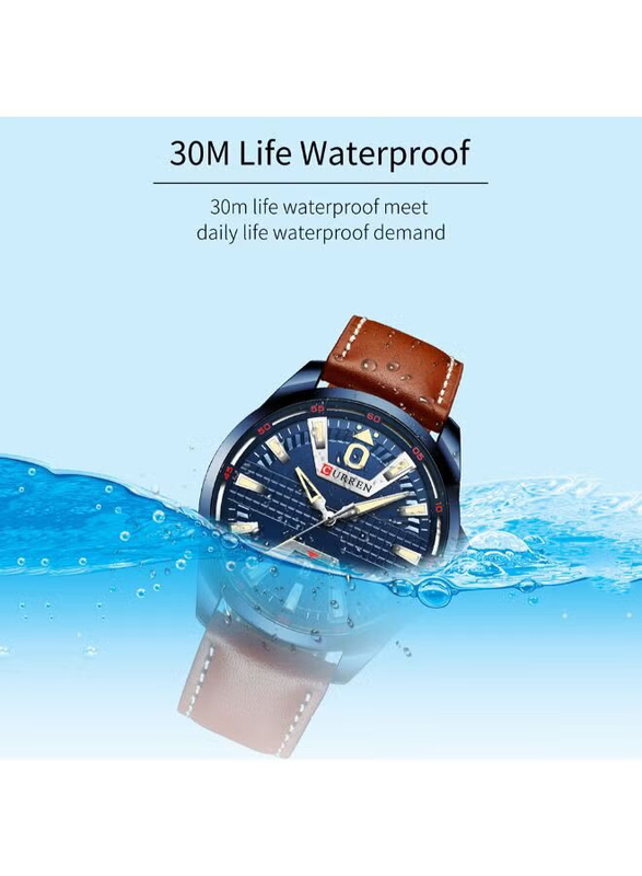 Curren Quartz Analog Watch for Men with Leather Band, Water Resistant, J4364BL-KM, Brown-Blue