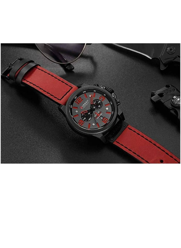 Curren Analog Watch for Men with Leather Band, Water Resistant and Chronograph, 8314, Red-Black