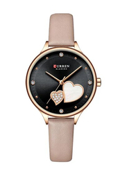 Curren Stone Studded Analog Watch for Women with Leather Band, J-4781B, Beige-Black