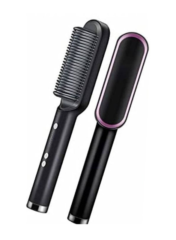 2-in-1 Hair Straightener Brush With Built In Comb, Black/Pink