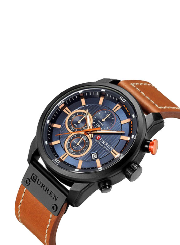 Curren Analog Watch for Men with PU Leather Band, Water Resistant and Chronograph, J3591-5-1-KM, Brown-Blue