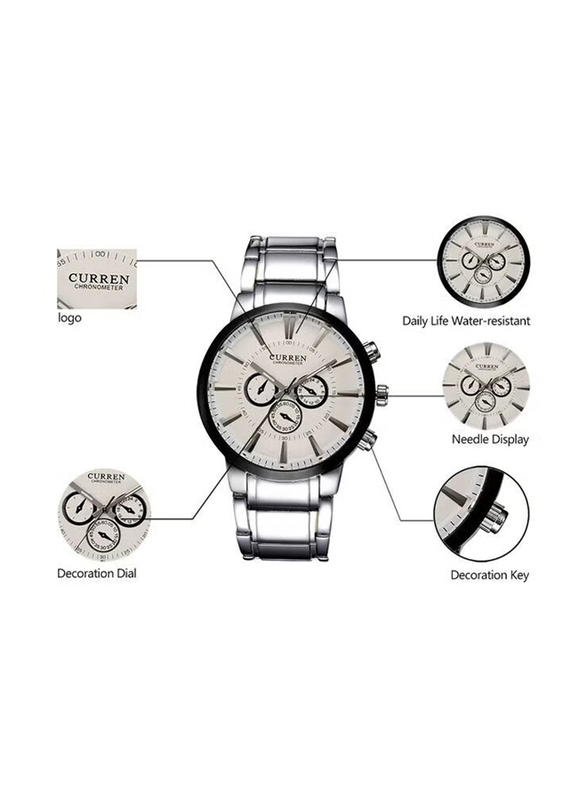 Curren Analog Watch for Men with Stainless Steel Band, J0286W-KM, Silver-White