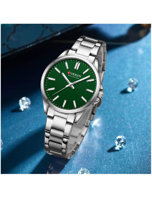 Curren New Fashion Analog Watch for Women with Stainless Steel Band, Water Resistant, Silver-Green