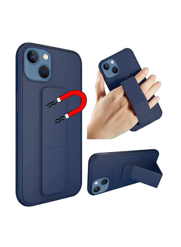 Apple iPhone 14 Plus Foldable Silicone Magnetic Finger Strap and Hand Grip Back Mobile Phone Case Cover, Blue