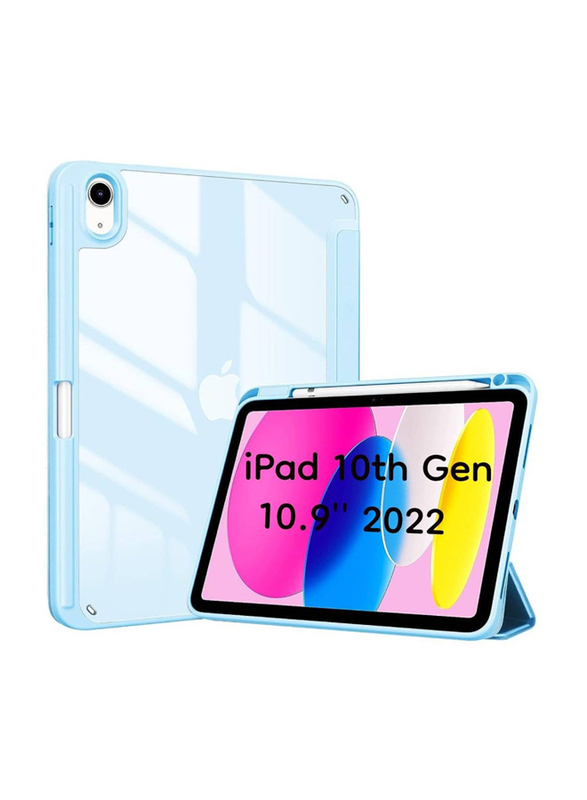 Hyx Apple iPad 10th Gen 10.9-inch Clear Transparent Back Shell Trifold Protective Case Shockproof Tablet Flip Case Cover with Pencil Holder, Sky Blue