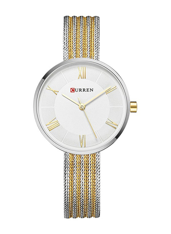 Curren Analog Watch for Women with Stainless Steel Band, Water Resistant, WT-CU-9020-GO1#D2, Silver/Gold-White