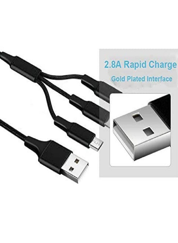 3-in-1 Nylon Braided Fast Charging Cable, USB Type A to Multiple Types Data Cable for iPhone /Samsung/Huawei/OPPO, Black
