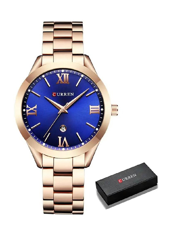 Curren Analog Luxury Watch for Women with Stainless Steel Band, Water Resistant, Rose Gold-Blue