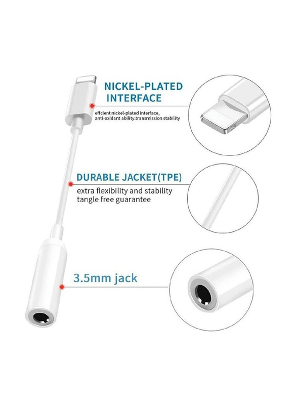 Lightning to 3.5mm Jack Headphone Audio Adapter for Apple, 2 Pieces, White