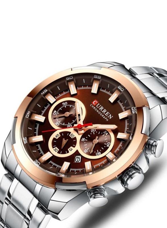 Curren Analog Watch for Men with Stainless Steel Band, Water Resistant & Chronograph, 8361, Silver-Brown