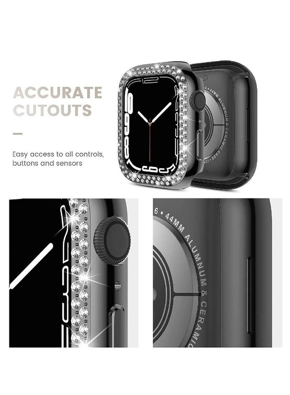 2-Piece iWatch Protective PC Bling Diamond Crystal Frame Smartwatch Case Cover for Apple Watch Series 7 41mm, Clear/Black
