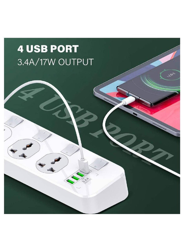 4-Socket Power Strip and 4-USB Ports Extension Board, White
