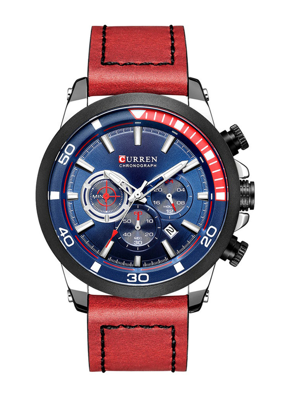 Curren Analog Watch for Men with Leather Genuine Band, Water Resistant and Chronograph, 8310, Red-Blue