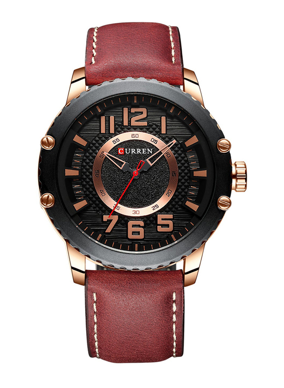 Curren Analog Watch for Men with Leather Band, Water Resistant, 8341-4, Black-Red