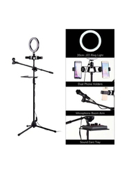 XiuWoo LED Ring Light Kit with Metal Tripod Stand, Microphone, Boom Arm Mic Clip Dual Phone Holder, Black