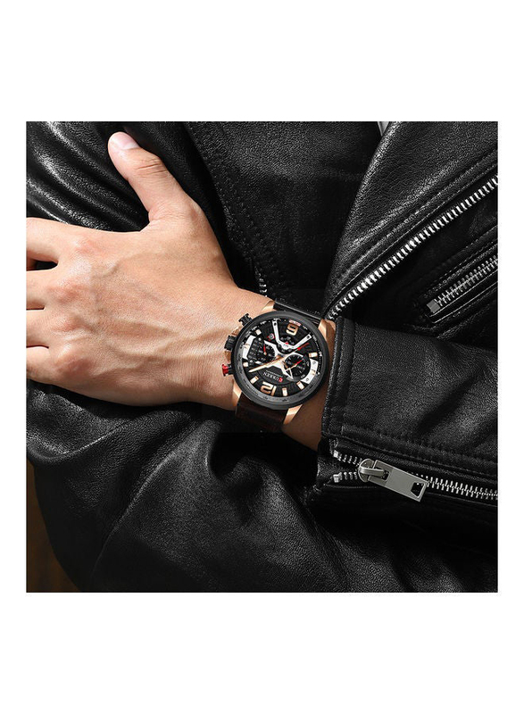 Curren Analog Watch Unisex with Leather Band, Chronograph, 8329, Black-Black