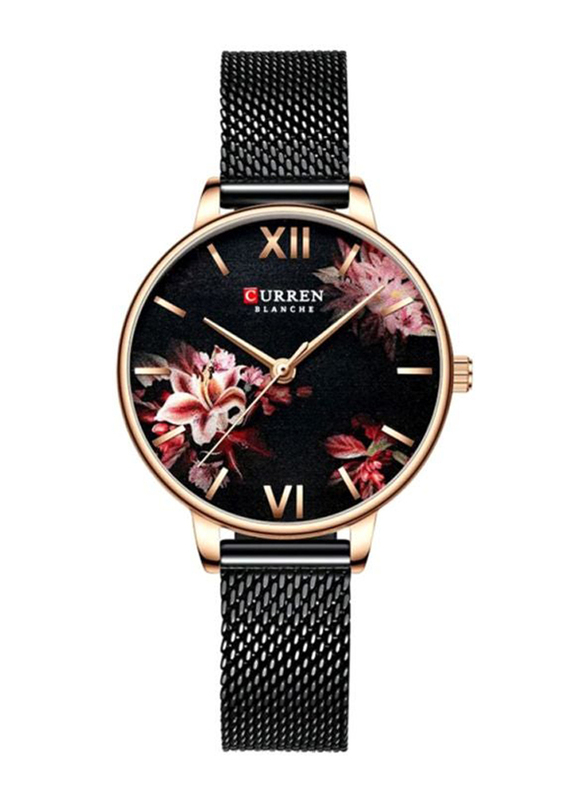 Curren Analog Watch for Women with Stainless Steel Band, Water Resistant, 9059, Black-Pink/Black