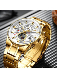 Curren Analog Watch for Men with Alloy Band, Water Resistant and Chronograph, J4518G-S-KM, Gold-White