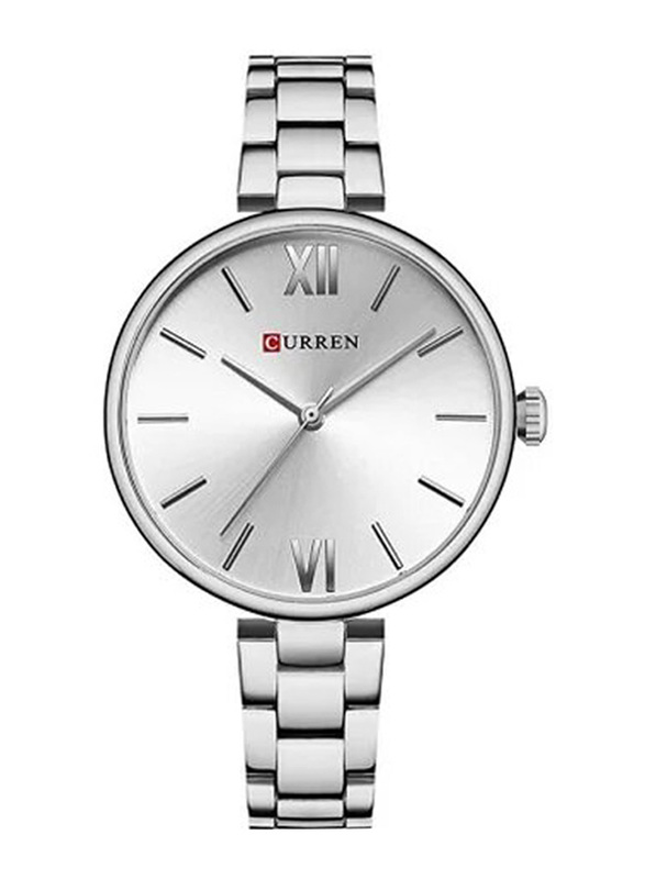 Curren Quartz Movement Analog Watch for Women with Stainless Steel Band, Water Resistant, 9017, Silver