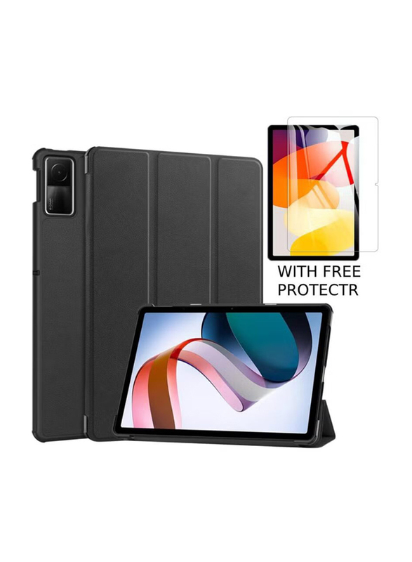 Xiaomi Redmi Pad SE 11-inch 2023 Tri fold Slim Lightweight Hard Shell Smart Protective Case Cover with Tempered Glass Screen Protector, Black