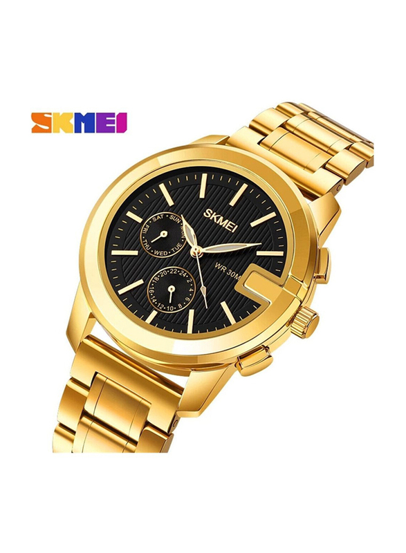 SKMEI Analog Watch for Men with Stainless Steel Band, Water Resistant, Gold-Black