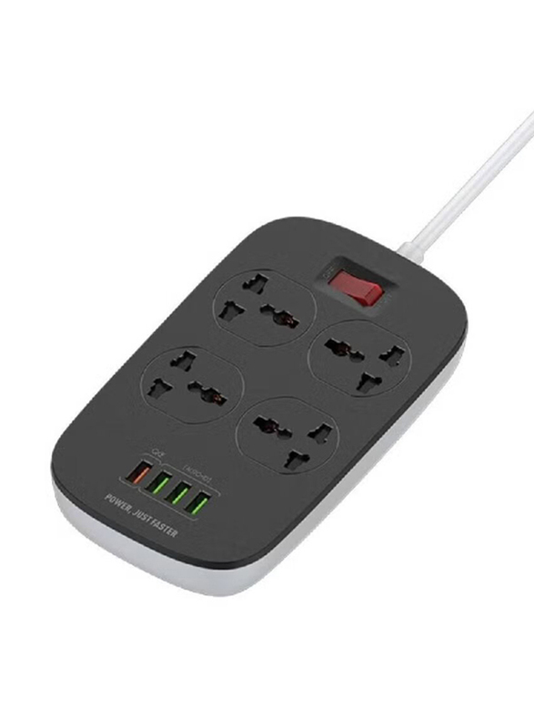 Xiuwoo Extension Cord With 4 Socket Outlets And 4 USB 2500W 3.4A Defender Series Overload Protection, Black