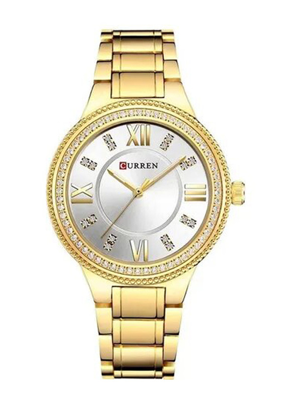 Curren Luxury Quartz Analog Watch for Women with Stainless Steel Band, Water Resistant, 9004, Gold-White