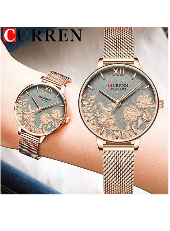 Curren Analog Watch for Women with Stainless Steel Band, Water Resistant, 9065, Gold-Silver/Gold