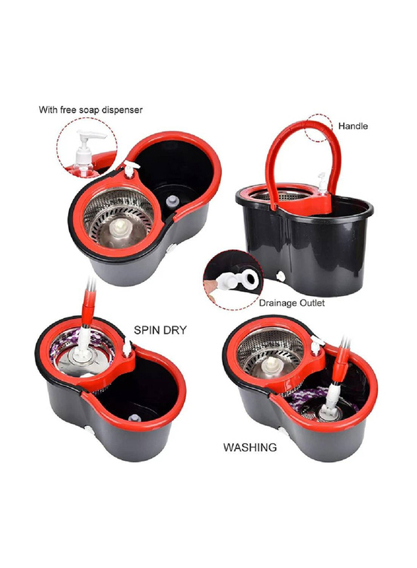Spin Stainless Steel Handle Mop Bucket with Wringer Set & Floor Cleaning System Easy Wring Foot Pedal, Black/Red