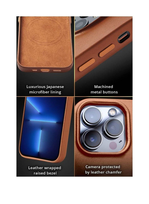 Olliwon Apple iPhone 14 Pro Max Protective Leather Smoothen and Soften with Magsafe Mobile Phone Case Cover, Brown