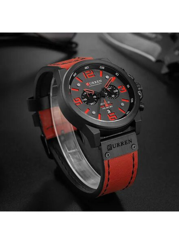 Curren Analog Unisex Watch with Leather Band, Chronograph, J4370-3, Red-Black