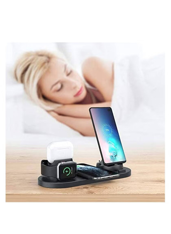 6-in-1 Wireless Fast Charging Station for Apple Watch/AirPods Pro/iPhone 12/11/11pro/11pro Max/X/XS/XR Samsung S20/S10 and Other Qi Phones, Black